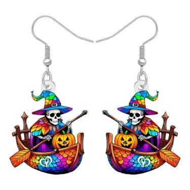 Imagem de DOWAY Brincos de caveira de pirata de acrílico, chapéu de bruxa assustador, abóbora e Halloween, joias de pirata, presentes de caveira para mulheres, acessórios de fantasia de Halloween, Medium