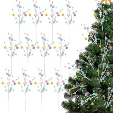 Imagem de Hotop Palhetas de árvore de Natal de 40,6 cm, enfeites de Natal vermelhos e verdes, galhos florais de Natal e palitos de bolas para decoração de topo de árvore de Natal (cor macaron, 12 peças)