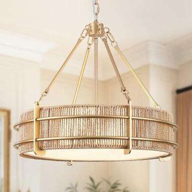 Imagem de Lustre de vime dourado de 21,5 polegadas, lustres de vime boho 5 luzes de tecido à mão com sombra de tecido, luz pendente de tambor rústico para cozinha, quarto, sala de jantar, sala de estar, hall de