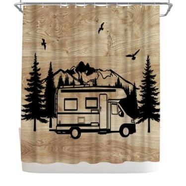 Imagem de WELMECO Cortina de chuveiro temática de acampamento na floresta da montanha, decoração rústica de banheiro de cabana de fazenda, tecido de poliéster 183 x 183 cm, com ganchos