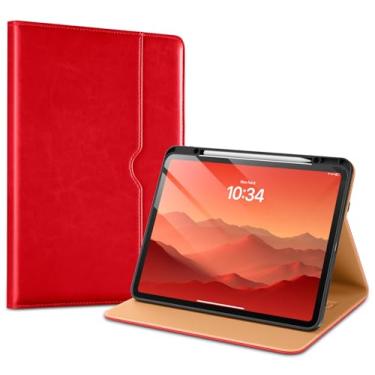 Imagem de VIKESI Capa para iPad Pro 13 (M4) 2024, capa de couro com suporte para Apple Pencil, despertar/hibernar automaticamente, vários ângulos de visualização, alça e bolso embutidos, vermelho brilhante