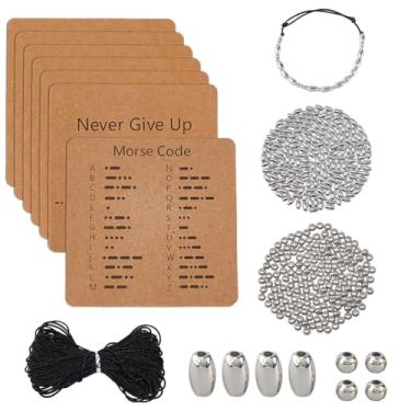 Imagem de DICOSMETIC Kit de contas de pulseira de código Morse DIY incluindo 1200 peças, 2 estilos de contas de plástico a granel 10 m, cabos encerados, 18 peças, cartões de exibição de pulseira, kit de colares