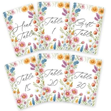 Imagem de GOMAKERER 32 peças de cartões de números de mesa de casamento, 1 a 30 margaridas, dois lados, placas de números de mesa de casamento com cabeça e cartão de mesa de presente, peça central de festa para