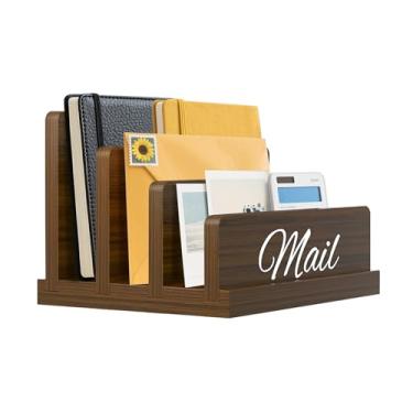 Imagem de KISENG Organizador de correio para mesa, suporte de correio de madeira com divisória, suporte de arquivo classificador de cartas de 3 compartimentos, organizador de notas vertical para documentos