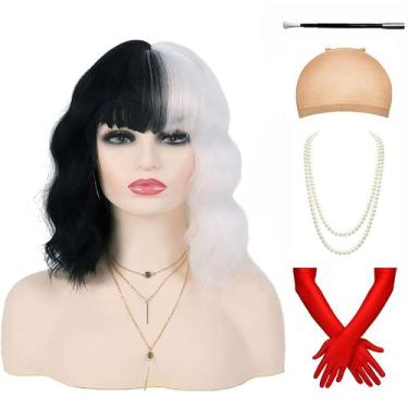 Imagem de Peruca G&T preta e branca curta Bob Wavy Curly para mulheres - G&T Wig