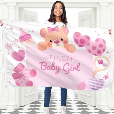 Imagem de Faixa Welcome Baby Girl - Banner Sweet Baby Girl 1,5 x 0,9 m - Decorações para chá de bebê ou festa de revelação de gênero