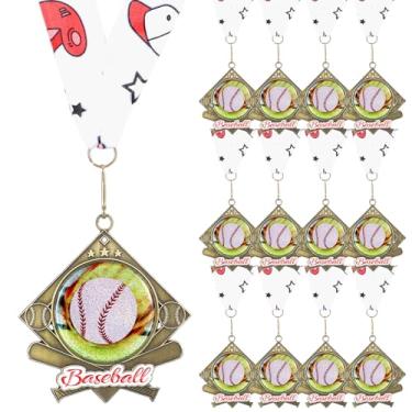 Imagem de Seenelling Troféu de bola esportiva de metal com fita de pescoço para presente para participar de jogos esportivos (12 peças, beisebol)