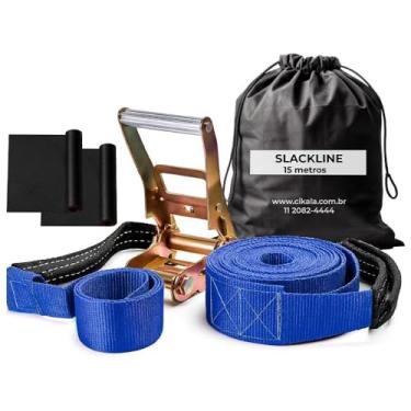 Imagem de Slackline Azul 15 M Catraca + Alças + Protetores + Bolsa