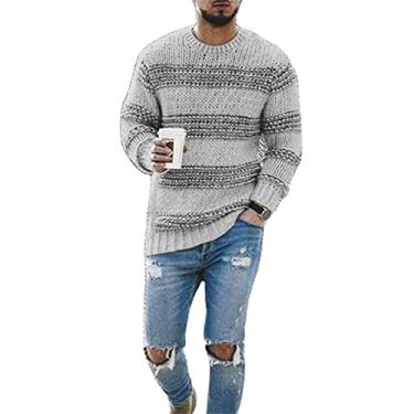 Imagem de Camisola Masculina Moda Casual Macio Confortável Homens Manga Comprida Jumper Listrado Jacquard Homens Malhas Urbano Tendência Juvenil All-match, A-grey, L