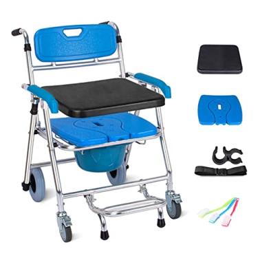 Imagem de Cadeira de vaso sanitário para quarto com rodas, cadeira de rodas dobrável de transporte de cômoda com apoio para os pés, cadeira de banheiro com rodas para idosos, capacidade de carga 100 libras