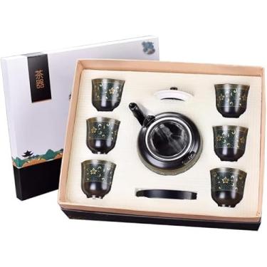 Imagem de Conjunto de chá de porcelana, bule de chá Kungfu artesanal com 6 xícaras, bule de chá preto grande com padrão de flores douradas, conjunto de chá chinês