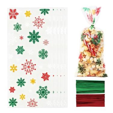 Imagem de Sacos de presente de celofane de Natal para suprimentos de festa, 150 peças de plástico vermelho verde floco de neve transparente para doces de Natal com laços torcidos para biscoitos, presente de