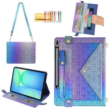 Imagem de Capa brilhante para Samsung Galaxy Tab S10 FE+/S10 FE Plus 33.3 cm, capa carteira com suporte para caneta + compartimentos para cartões + alça de mão + alça de ombro, índigo brilhante