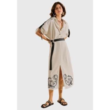 Imagem de Vestido Ajustado Decote V Manga Curta Midi Off White Morena Rosa-Feminino