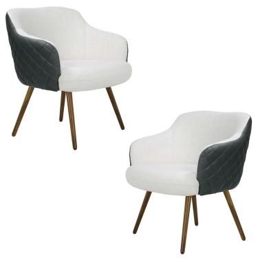 Imagem de Kit 2 Poltronas Decorativas Kitana Pés Palito Couro/Linho Cinza/Branco - Gran Belo