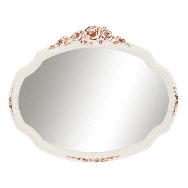 Imagem de iAmoy Espelho de parede oval vintage com esculturas florais rosa, espelhos decorativos brancos chiques gastos para parede, espelho de vaidade estilo antigo para quarto sala de estar decoração de