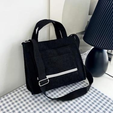 Imagem de Bolsa feminina com bolsos, bolsa transversal grande de veludo cotelê para trabalho, faculdade, uso diário, viagem, compras, bolsa de ombro ajustável, preta