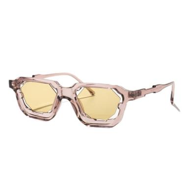 Imagem de Óculos de sol quadrados modernos vazados para mulheres e homens, óculos de sol retrô com armação pequena para dirigir, viajar, praia, atividades ao ar livre, Armação marrom claro/lente amarela, Lens
