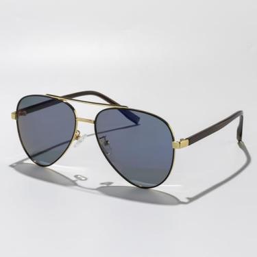 Imagem de Óculos de sol modernos aviador ponte dupla para homens e mulheres armação de metal piloto retrô para dirigir, viajar, praia, atividades ao ar livre, Armação dourada/lente preta, Lens Width: 59