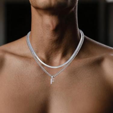 Imagem de Colar masculino com pingente de letra A a Z em camadas, corrente de espinha de peixe com letra cubana de aço inoxidável, joias modernas, presentes, 18 inches, Metal, Sem Pedra Preciosa