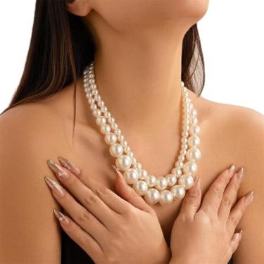 Imagem de Gargantilha feminina grossa grande simulada de pérola com vários fios, colar de pérolas vintage em camadas exageradas, gargantilha para festa de casamento, joias modernas, estilo anos 20, 2 peças