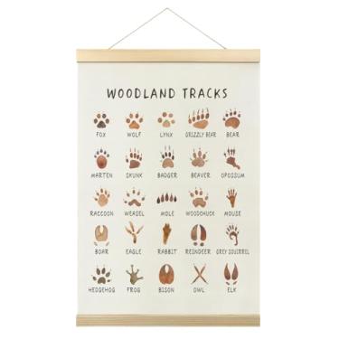 Imagem de Cabide de pôster Boho Animal Woodland Tracks, decoração de parede de animais da selva da floresta, pôsteres educativos com impressão de pata, arte de parede, faixa para pendurar na parede para sala de