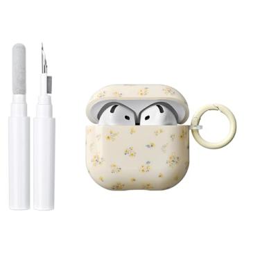 Imagem de COTYPOFLIYTT Compatível com Airpods 4 Geração Capa com Kit de Limpeza, Linda Flor Bege Creme Floral Design Macio TPU Capa Protetora com Chaveiro Meninas Mulheres para AirPods 4 - Amarelo