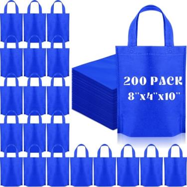 Imagem de Windyun 200 sacos de compras reutilizáveis a granel 20 x 10 x 25 cm sacos de compras não tecidos com alça dobrável portátil bolsa de presente (azul)