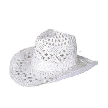 Imagem de Chapéu de palha feminino masculino crochê cowboy cor sólida aba larga praia chapéu de sol vazado boné branco 2 56to58 cm