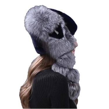 Imagem de Chapéu feminino de pele térmica engrossada de inverno chapéu de pele ao ar livre chapéu de prevenção de frio cauda de cabelo decorativo chapéu de pele azul P