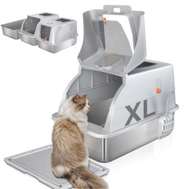 Imagem de Caixa de areia para gatos de aço inoxidável com tampa, caixa de areia fechada XL de 180° com tapete de retenção e colher de metal, bandeja de areia extra grande de aço de entrada dupla na parte