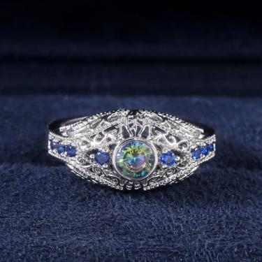 Imagem de Anéis de noivado de zircônia cúbica redonda multicolorida banhada a ouro branco com design oco vintage anéis de noivado alianças de compromisso, festas noturnas, presentes de dia dos namorados