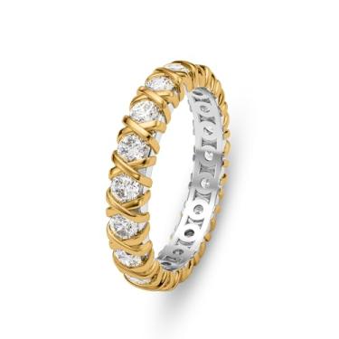 Imagem de Leaocean Alianças de casamento de ouro de noivado para mulheres, anel de zircônia cúbica de diamante, anéis de compromisso para casais, anéis empilháveis para mulheres, anel de dois tons, anéis