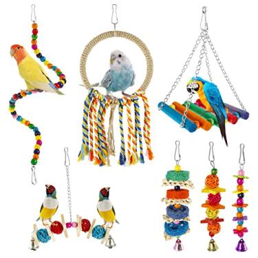 Imagem de 7 peças de brinquedo de pássaro papagaio de madeira colorido para pendurar papagaio mastigando treinamento para periquitos, calopsitas periquitos, pássaros do amor