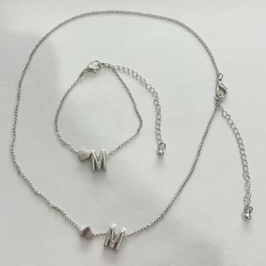 Imagem de Colar com pingente 101 prata inicial conjunto de pulseiras para mulheres, banhado a prata, pingente de coração com inicial de coração, pulseiras, presentes de aniversário de aniversário para mulheres