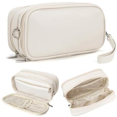 Imagem de XIAOLER Bolsa de maquiagem para mulheres, organizador de maquiagem aberto com suporte de pincel de maquiagem, bolsa de cosméticos à prova d'água com compartimento, bolsa de higiene portátil para