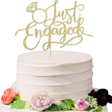 Imagem de Topo de bolo dourado com purpurina, 17 x 11 cm, decoração de festa de noivado com design de anel de diamante (ouro)