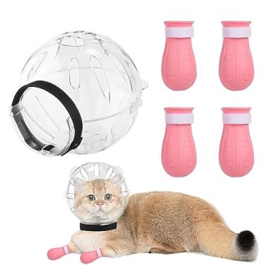 Imagem de Conjunto de focinheira e botas de gato, capuz ajustável para gatos respiráveis e capas de pata capacete de focinheira transparente sapatos de silicone para gatos tomando banho aparar unhas