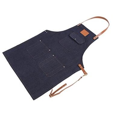 Imagem de Phefop Avental Jeans Resistente Com Alça de Couro Ajustável, Uniforme de Cozinheiro Utilitário para Homens e Mulheres, Perfeito para Restaurantes e Churrascos (Azul jeans + logotipo em branco)