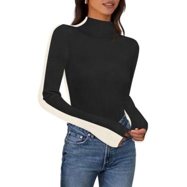 Imagem de Blusa de suéter feminina MEROKEETY 2024, outono, gola simulada, preta