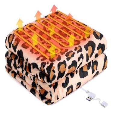 Imagem de DecorSIXT Cobertor de leopardo aquecido elétrico alimentado por USB portátil com aquecimento USB Cobertor para mulheres 127 x 152 cm com 3 níveis de aquecimento