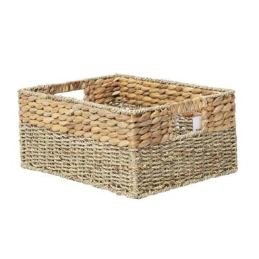 Imagem de YAHUAN Cestas de armazenamento de tecido natural de jacinto de água e algas marinhas – Cestos organizadores de cesta de armazenamento de vime com alças para banheiro de casa e escritório, lavanderia