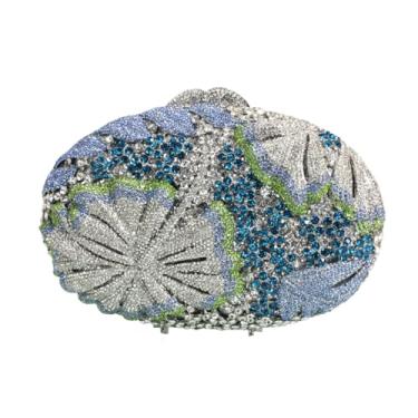 Imagem de DEBIMY Bolsa de mão para noite de cristal brilhante luxuosa flor strass bolsas de mão para festa formal de casamento, Azul, prata, Small