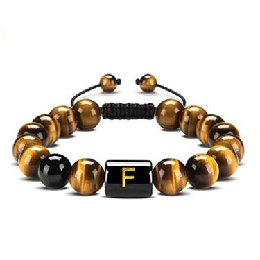 Imagem de Guz Pulseira com iniciais A-Z 10 mm Natural Preto Ônix Olho de Tigre Pulseira de Corda Trançada para Homens Pulseira de Letra (F)