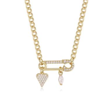 Imagem de TANTIUE Colar com pingente de clipe de papel para mulheres banhado a ouro 14K com clipe de papel de zircônia cúbica sol/cruz/concha/tartaruga/coração/pingente de estrela com corrente cubana joias