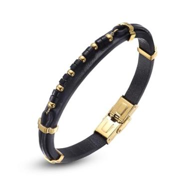 Imagem de Pulseira masculina de couro preto: olho de tigre/contas de ônix preto pulseira de couro (ouro) para joias masculinas - pulseiras masculinas de pedra natural com contas e joias para homens - pulseiras