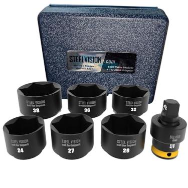 Imagem de Steel Vision Conjunto de soquete de filtro de óleo de perfil baixo de 7 peças, 3/20.3 cm, métrico 24 mm, 27 mm, 29 mm, 32 mm, 36 mm, 38 mm, soquete giratório de junta U, aço cromo vanádio, design de 6