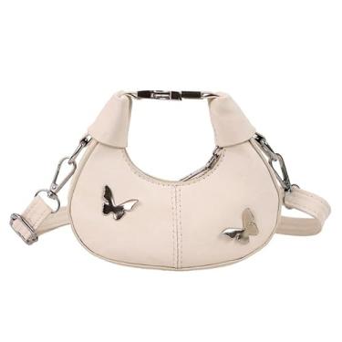 Imagem de Bolsa de ombro com detalhe de metal borboleta, bolsa transversal de grande capacidade com alça ajustável, bolsa fashion, Branco, Medium, Moderno