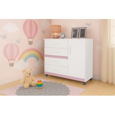 Imagem de Cômoda Grande Rosa Para Quarto Bebe Com 4 Gavetas Tp
