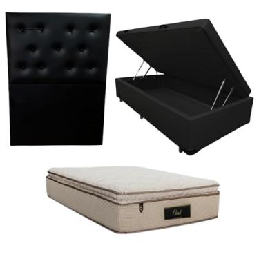 Imagem de Cama Box Baú Blindada com Colchão Cloud Molas Ensacadas C/Pillowtop 32cm + Cabeceira Botonê (CORINO PRETO, Solteiro)